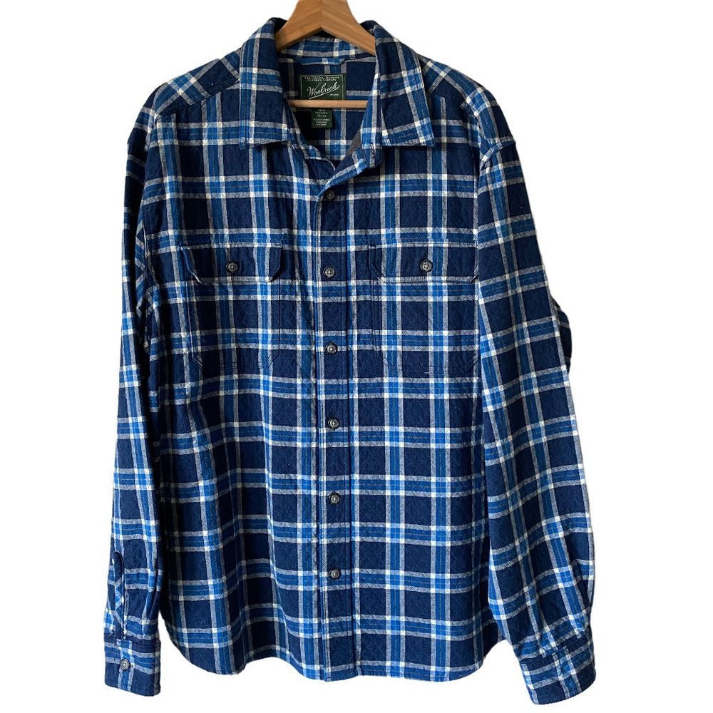 Woolrich Old Valley Double Cloth Quilted Plaid Blue Shirt Jacket Shacket Size XL